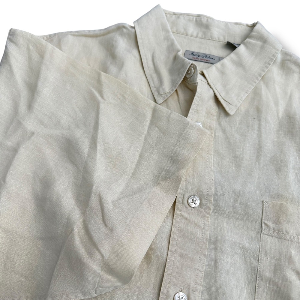 Indigo Palms Mens 100% Linen Large Short Sleeve‎ Button Down Shirt Cream